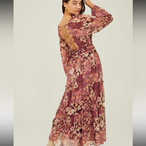 Altar'd State Dresses & Skirts - Altar'd State Billy Patchwork Maxi Dress Burgundy Floral Lace Up XS Cottagecore